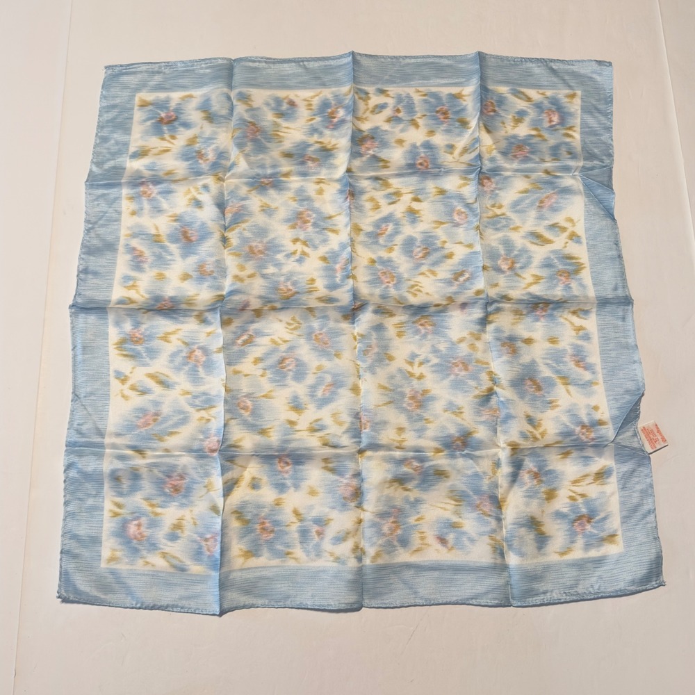 Glentex Vintage Blue Floral Silk Rayon Square Scarf Made in Japan Cottagecore